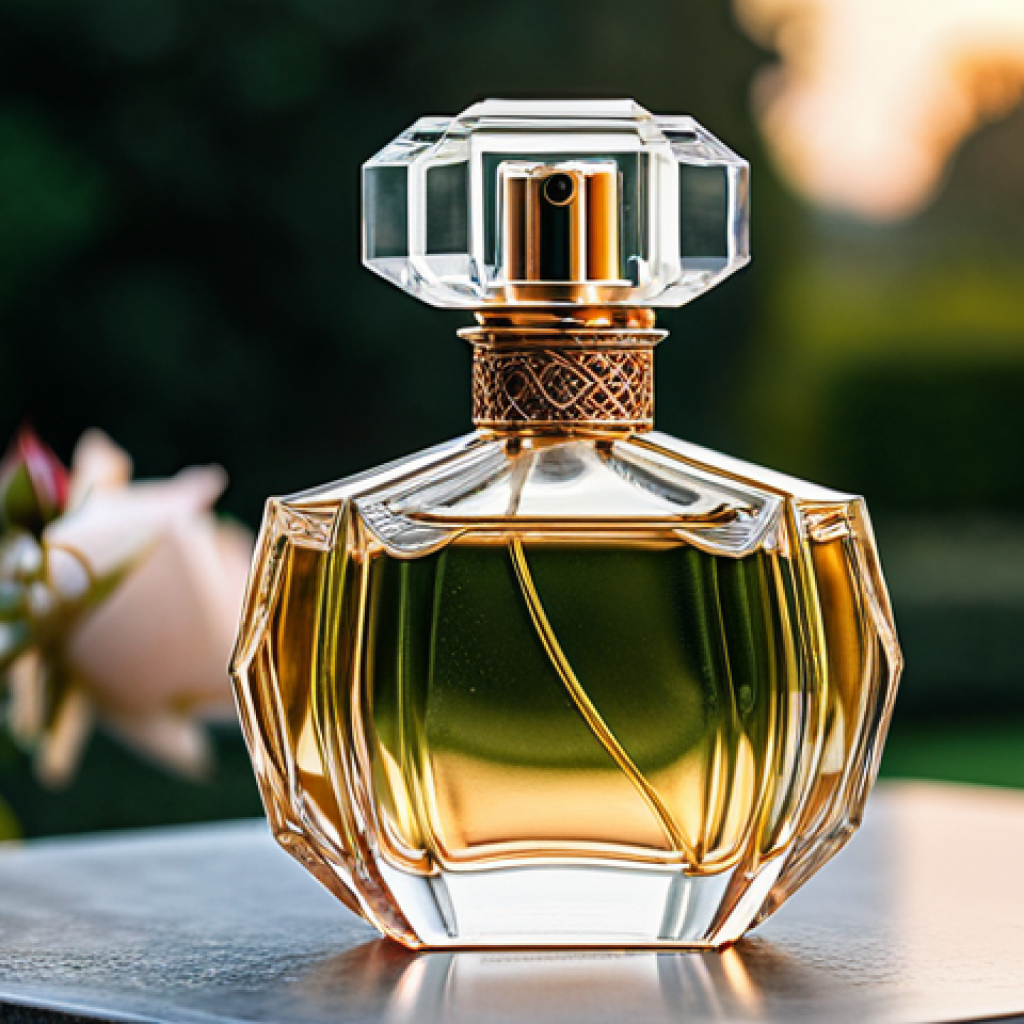 **

"A close-up shot of a beautifully designed perfume bottle with intricate details, reflecting light in a captivating manner. The backdrop is a soft, blurred scene of a blooming rose garden at dawn. Focus on the elegance and sophistication of the bottle. safe for work, appropriate content, fully clothed, professional, perfect anatomy, natural proportions, high quality"

**