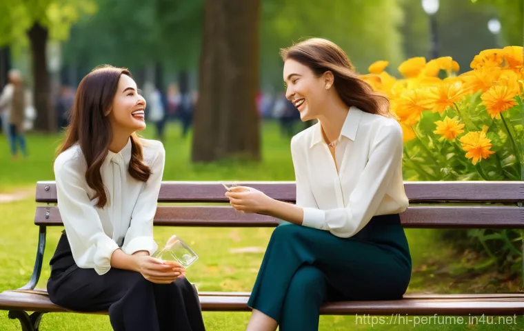 향수 선물 팁 - A sophisticated woman, wearing a chic, modest blouse and tailored trousers, is carefully observing a...