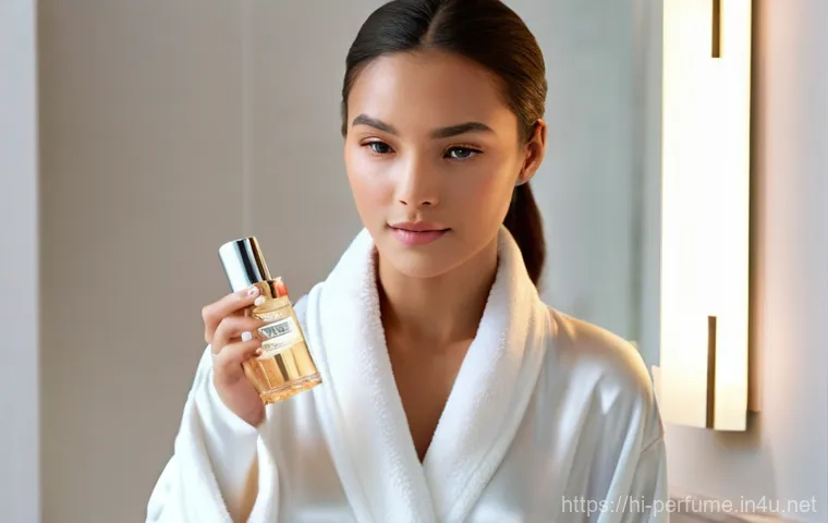 향수 오래 지속시키는 법 - **Image Prompt: The Art of Perfume Application**
"A sophisticated young woman, elegantly dressed...