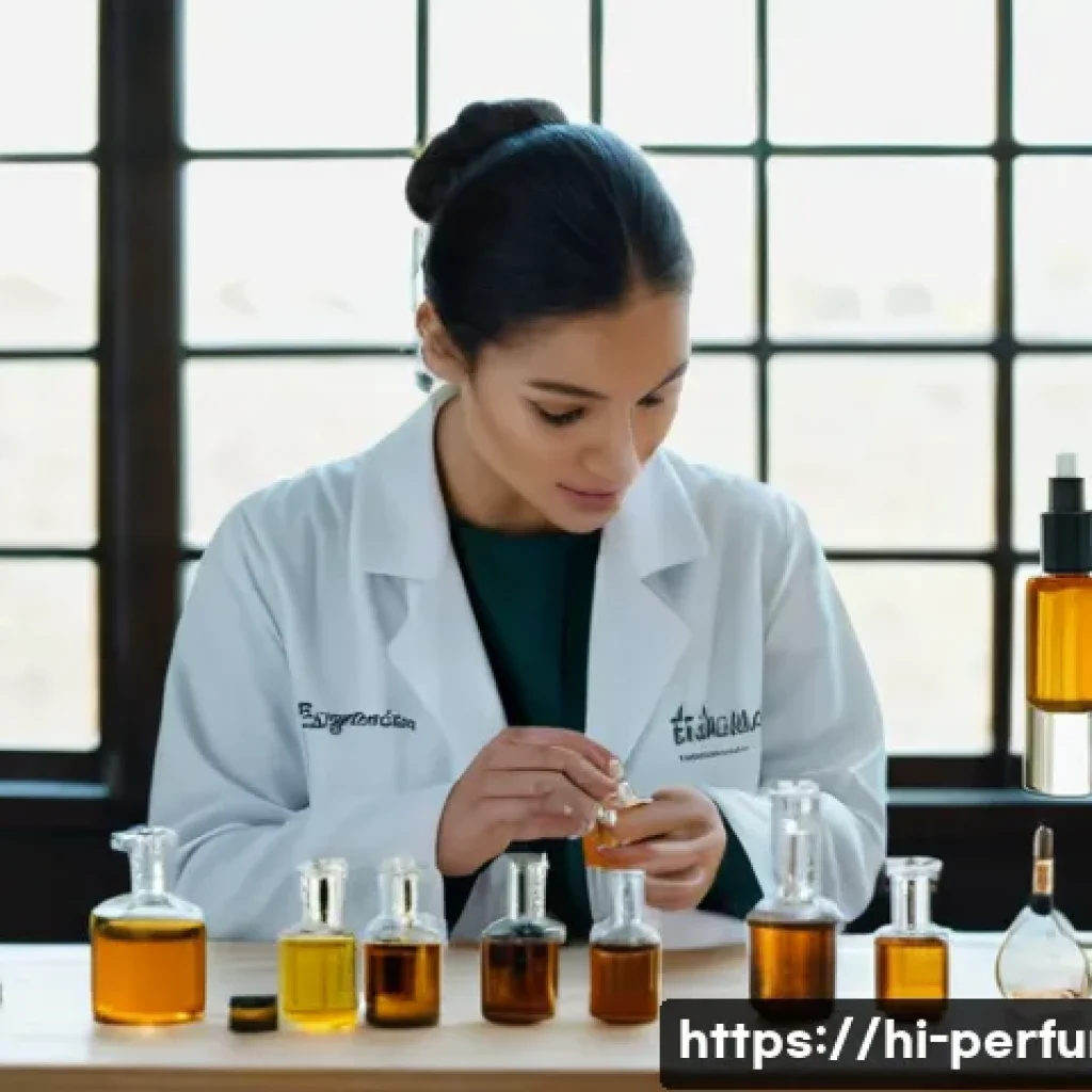 맞춤 향수 선물 추천 - **Prompt:** A focused young woman, dressed in a chic, modest white lab coat over a plain t-shirt, me...