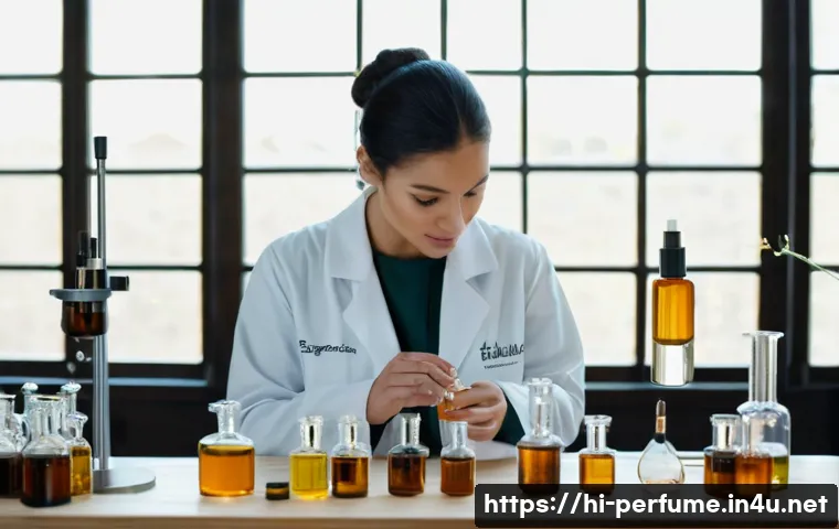 맞춤 향수 선물 추천 - **Prompt:** A focused young woman, dressed in a chic, modest white lab coat over a plain t-shirt, me...