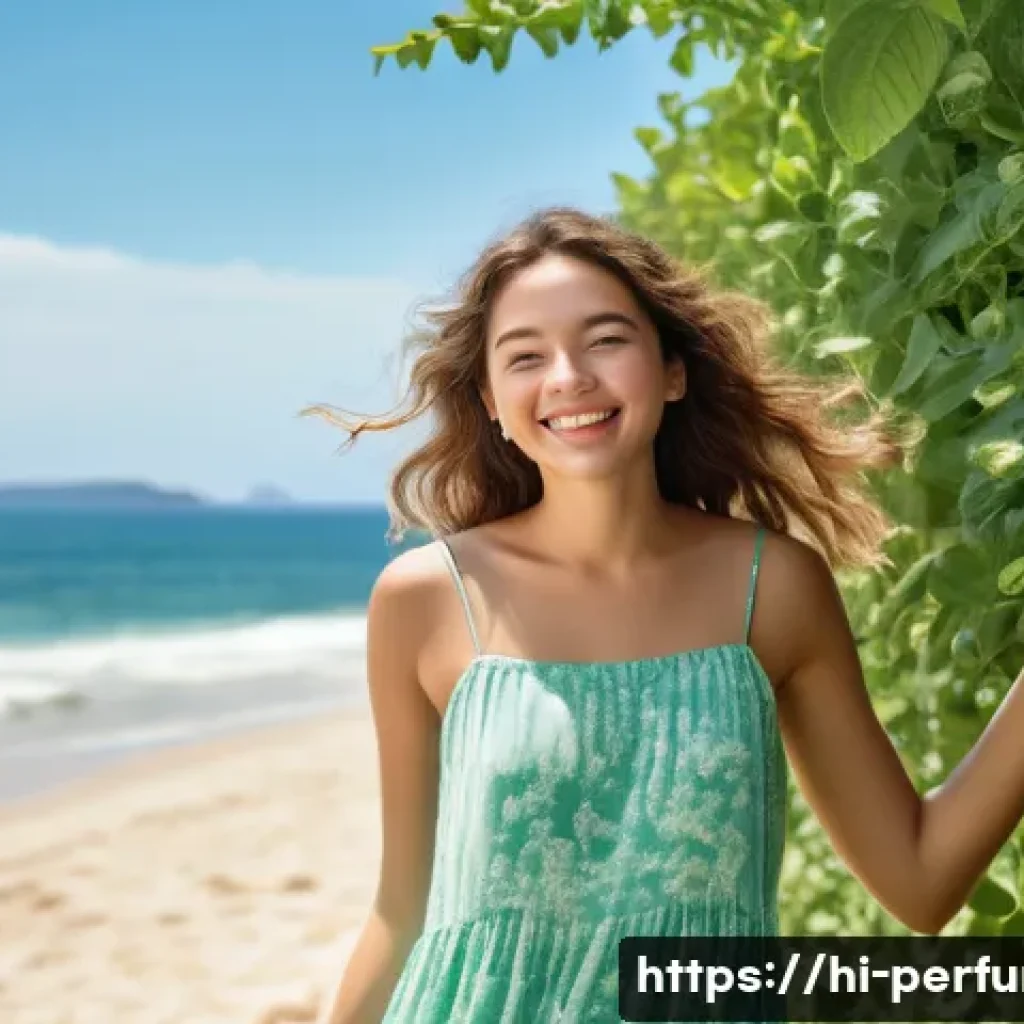 향수와 계절별 마케팅 - **Prompt:** A vibrant, sunny summer day. A young woman, in her early twenties, is casually dressed i...