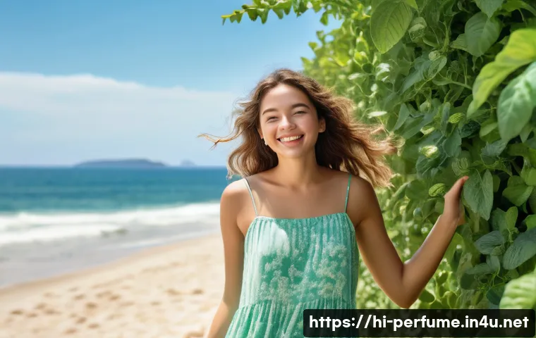 향수와 계절별 마케팅 - **Prompt:** A vibrant, sunny summer day. A young woman, in her early twenties, is casually dressed i...