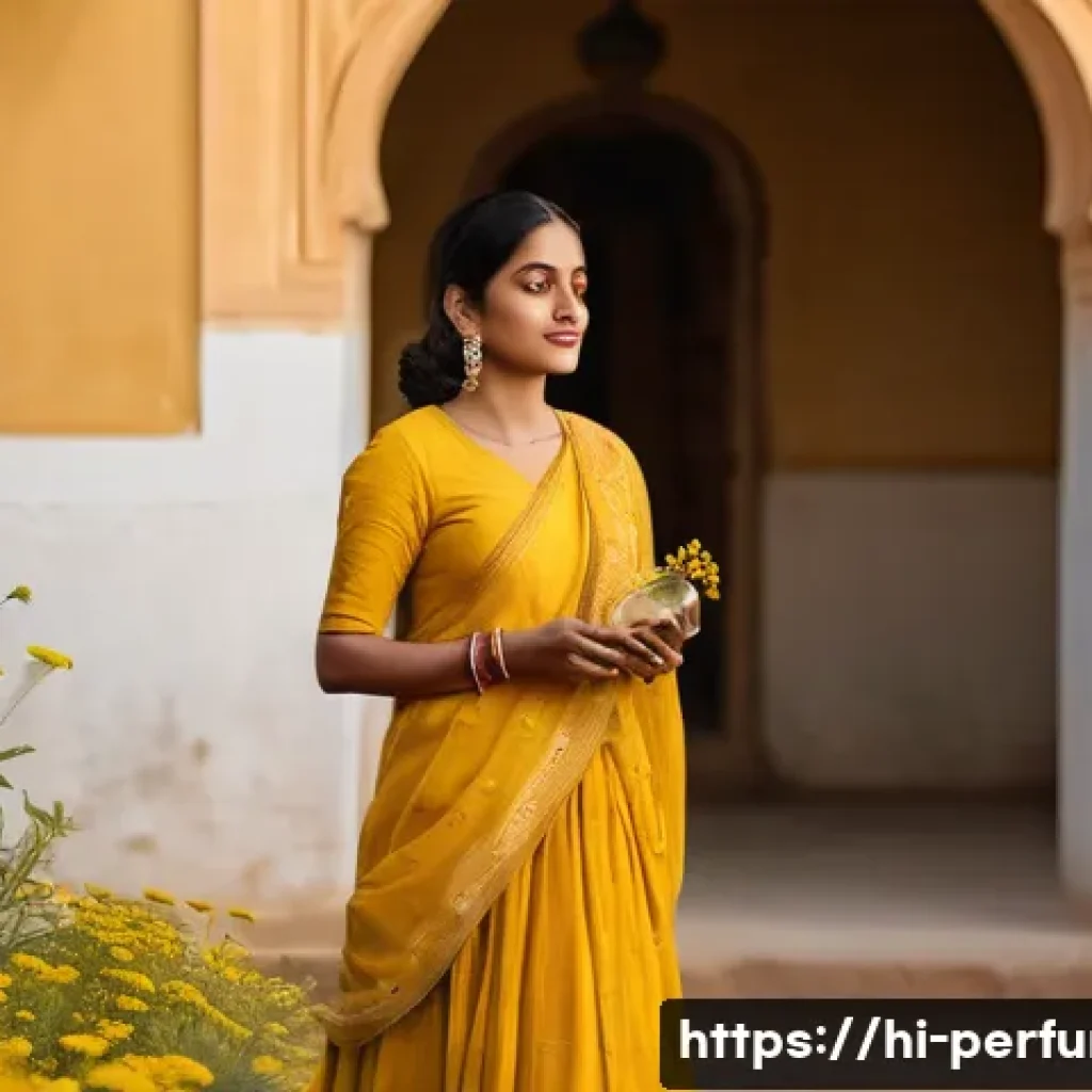 향수 광고 전략 - A heartwarming scene capturing an Indian woman in her mid-30s standing in a sunlit traditional court...