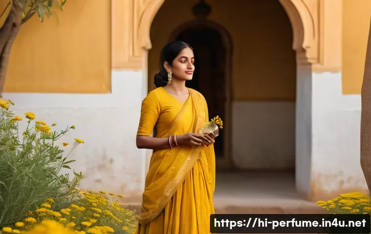 향수 광고 전략 - A heartwarming scene capturing an Indian woman in her mid-30s standing in a sunlit traditional court...