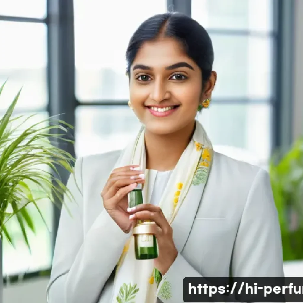 향수 복합 향기 사용법 - A stylish young Indian woman in a modern office setting, wearing light, fresh floral-citrus perfume....