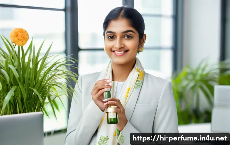 향수 복합 향기 사용법 - A stylish young Indian woman in a modern office setting, wearing light, fresh floral-citrus perfume....
