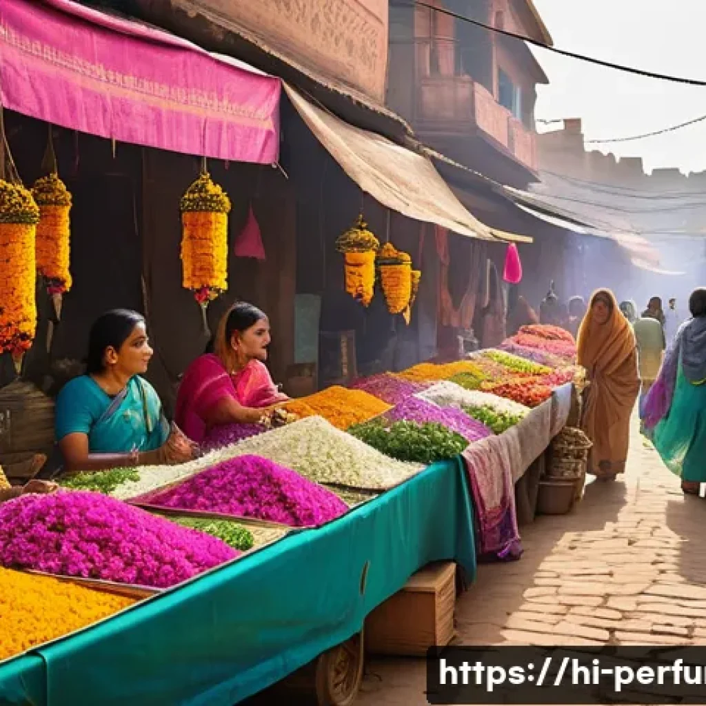 향수와 감성 마케팅 - A vibrant Indian marketplace scene during daytime, featuring a variety of fragrant flowers like jasm...