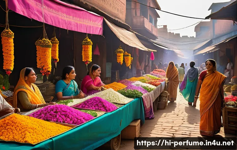 향수와 감성 마케팅 - A vibrant Indian marketplace scene during daytime, featuring a variety of fragrant flowers like jasm...