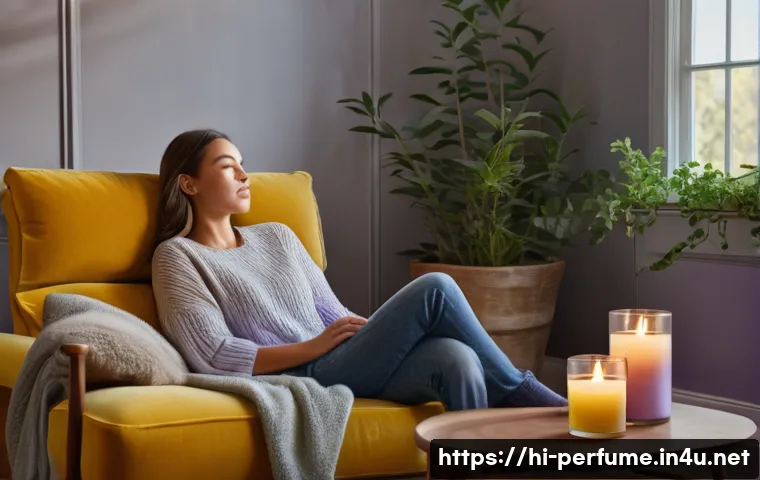 향수와 웰빙의 관계 - A serene indoor setting showcasing a cozy living room with a lavender aromatherapy diffuser emitting...