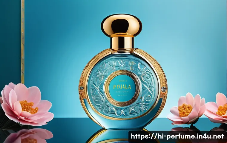 향수의 미적 요소 - A luxurious perfume bottle featuring an embossed glass design with a floral shape, combining round a...