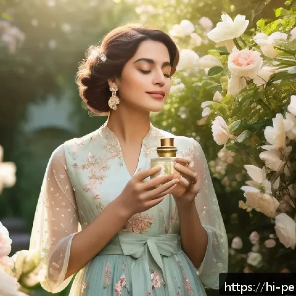 향수 패턴 분석 - A serene, elegant woman dressed in delicate floral-patterned attire, surrounded by blooming jasmine ...