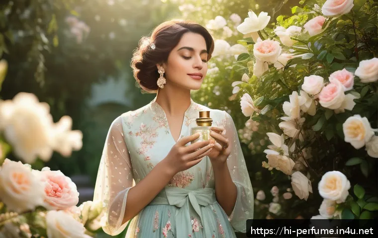 향수 패턴 분석 - A serene, elegant woman dressed in delicate floral-patterned attire, surrounded by blooming jasmine ...