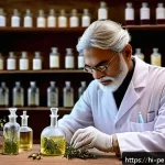 Home 18 향수 브랜드별 특징 - A serene and elegant perfume workshop scene showing a skilled perfumer (wearing a lab coat and glove...