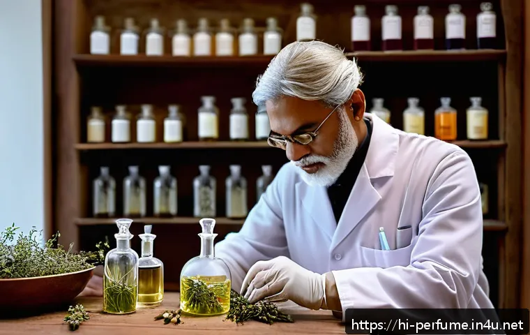 향수 브랜드별 특징 - A serene and elegant perfume workshop scene showing a skilled perfumer (wearing a lab coat and glove...