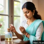 Home 23 향수의 착향 노하우 - A serene Indian woman in her mid-30s applying fragrance on her moisturized wrist and neck, wearing l...