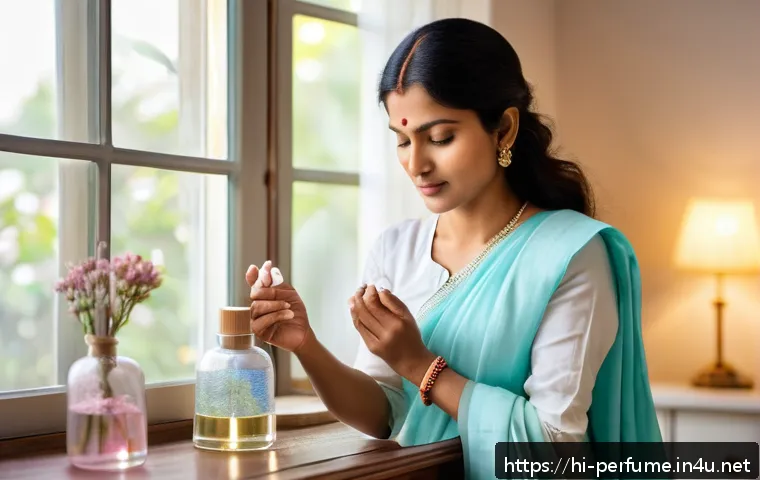 향수의 착향 노하우 - A serene Indian woman in her mid-30s applying fragrance on her moisturized wrist and neck, wearing l...
